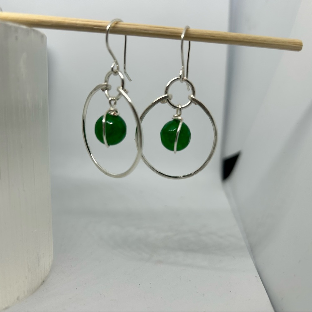 Silver and Green Hoop dangle earrings handmade beaded